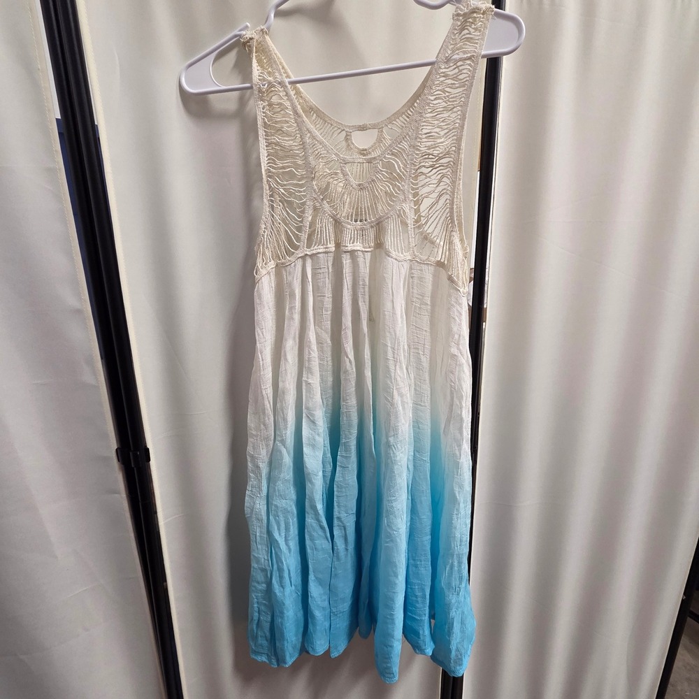 Mirror Image Blue White Ombre Crochet Lace Boho Gauze Sleeveless Dress Large